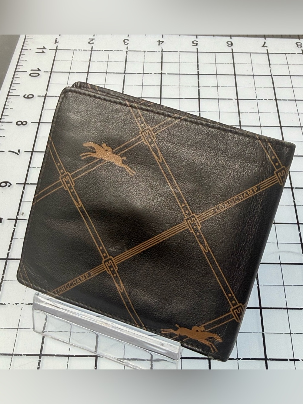 Longchamp brown Carmel Leather bifold Wallet with Equestrian Print